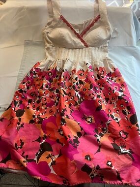 Signature by Sangria Cream Bodice Pink & Orange Floral Sundress